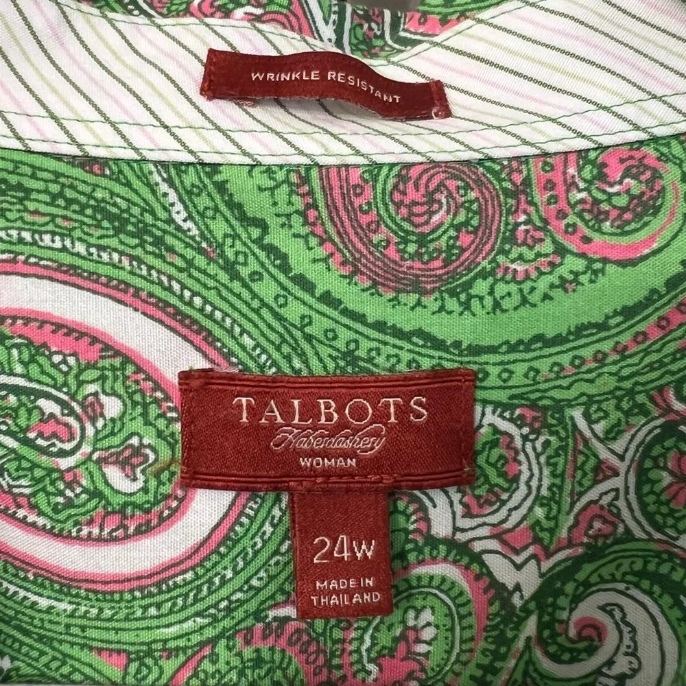Talbots Woman Paisley Button Front Shirt Green Pink 24W Old Money Classic - Picture 3 of 5
